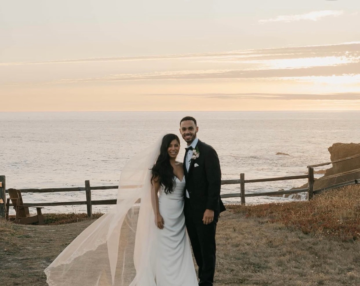 Bride and groom at sunset on the coast, bride with bridal makeup by Andrea, Bay Area